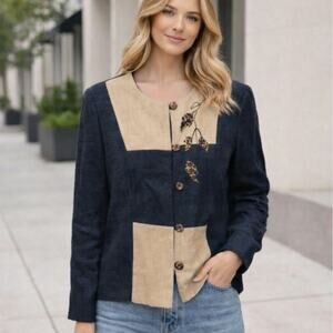 Virgo Blazer Women's Sz 12P Leopard Print Leaves & Buttons Retro Nature Vintage